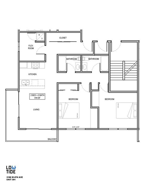 Floor plan for 2 beds, 2 baths, 916 sqft